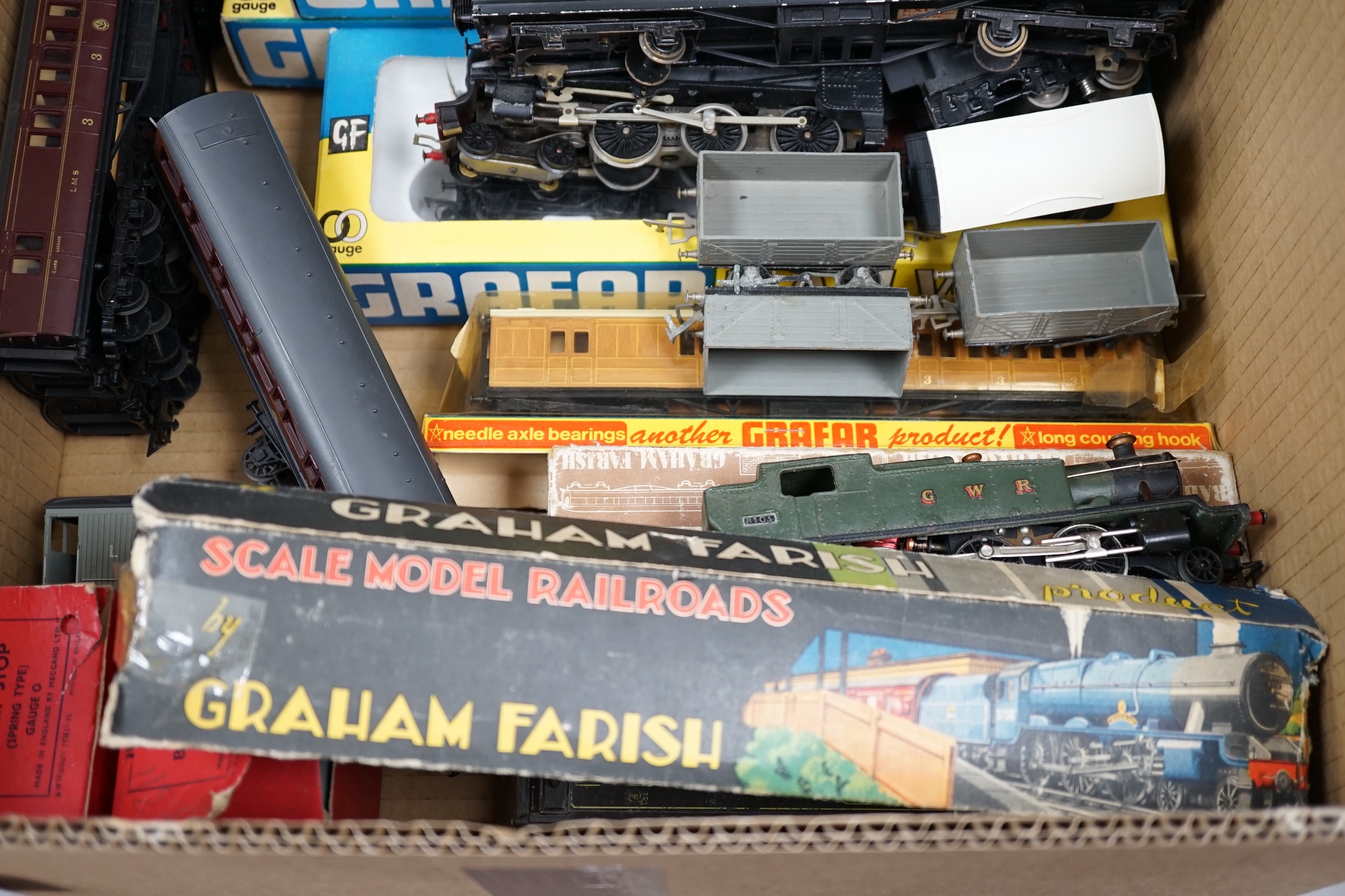 A collection of 00 gauge model Railway by Graham Farish, Exley, etc. including two locomotives; a GWR Prairie Tank loco, plus the remains of another, and a BR Class 5 4-6-0 tender loco, two boxed Pullman cars, freight wa